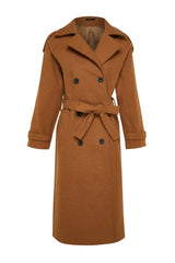 Camel Belted Lined Long Cashmere Coat Tctaw24ab00003