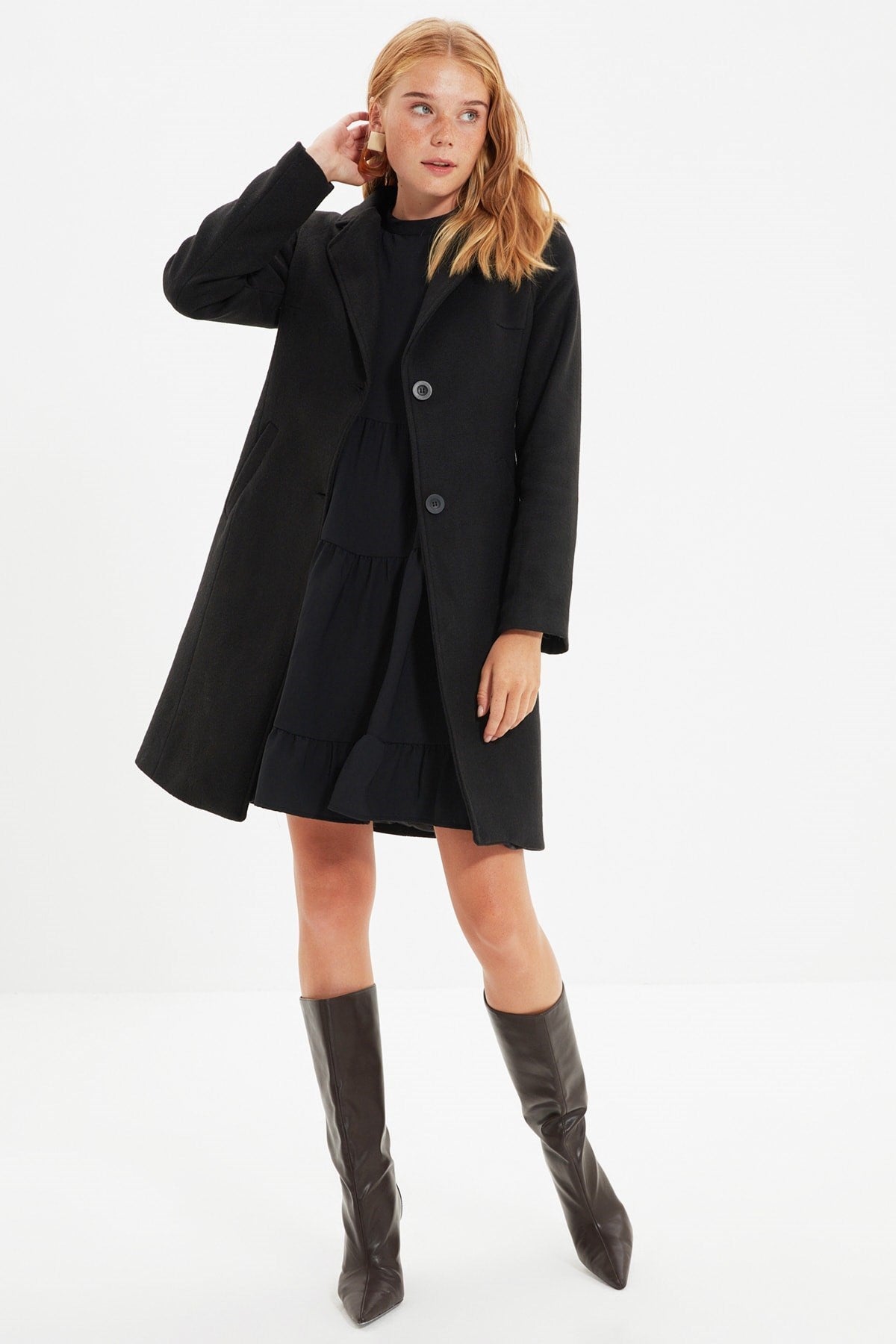 Black Fitted Long Wool Cashmere Coat Twoaw21kb0016