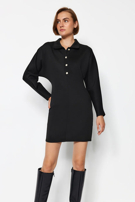 Black Buttoned Polo Neck Body-fitting Mini Knit Dress Twoaw24el00190