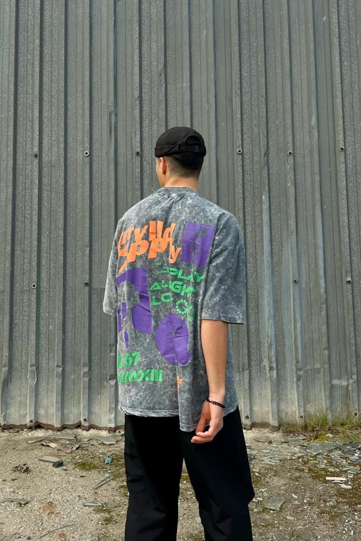 Spply Back Printed Acid Wash Oversize T-shirt Flaw-149-005-029