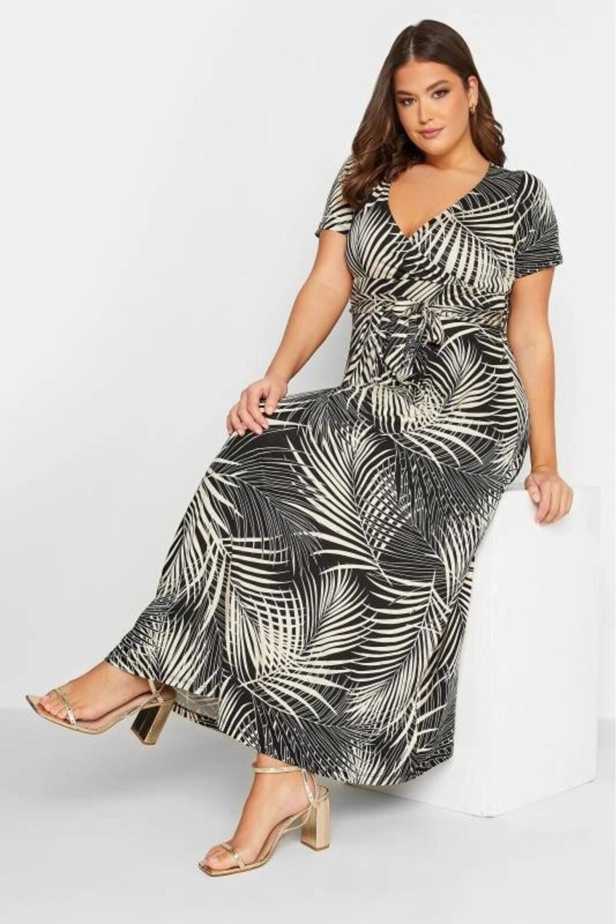 Plus Size Palm Print Belted Dress 6016-e