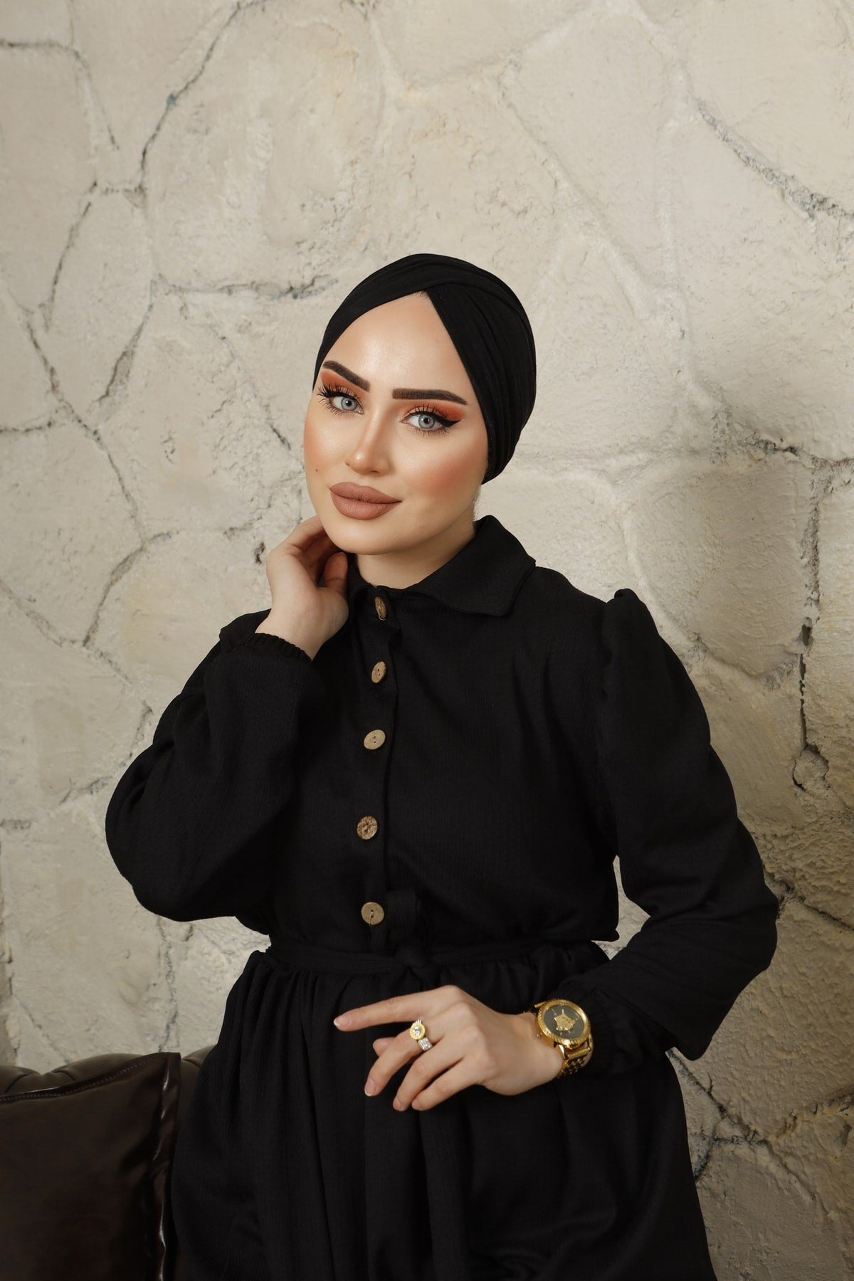 Cotton Shirt Collar Loose Hijab Dress Rge100