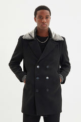 Black Men's Regular Fit Fur Collar Coat Tmnaw21kb0063