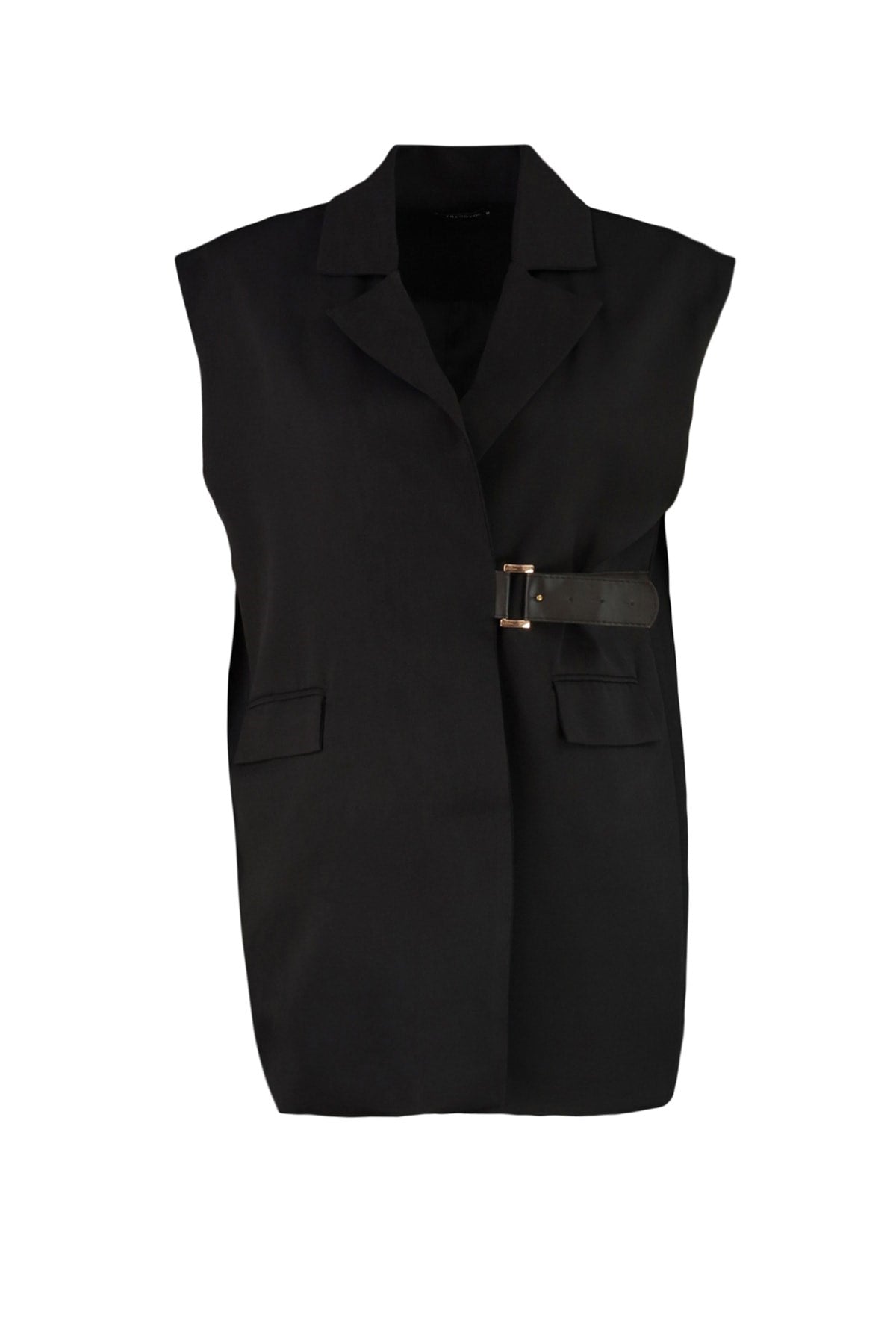 Black Waist Half Belt Closure Woven Vest Tctaw23yl00006