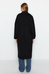 Black Oversize Wide Cut Balloon Sleeve Detailed Long Cache Coat Twoaw24kb00076