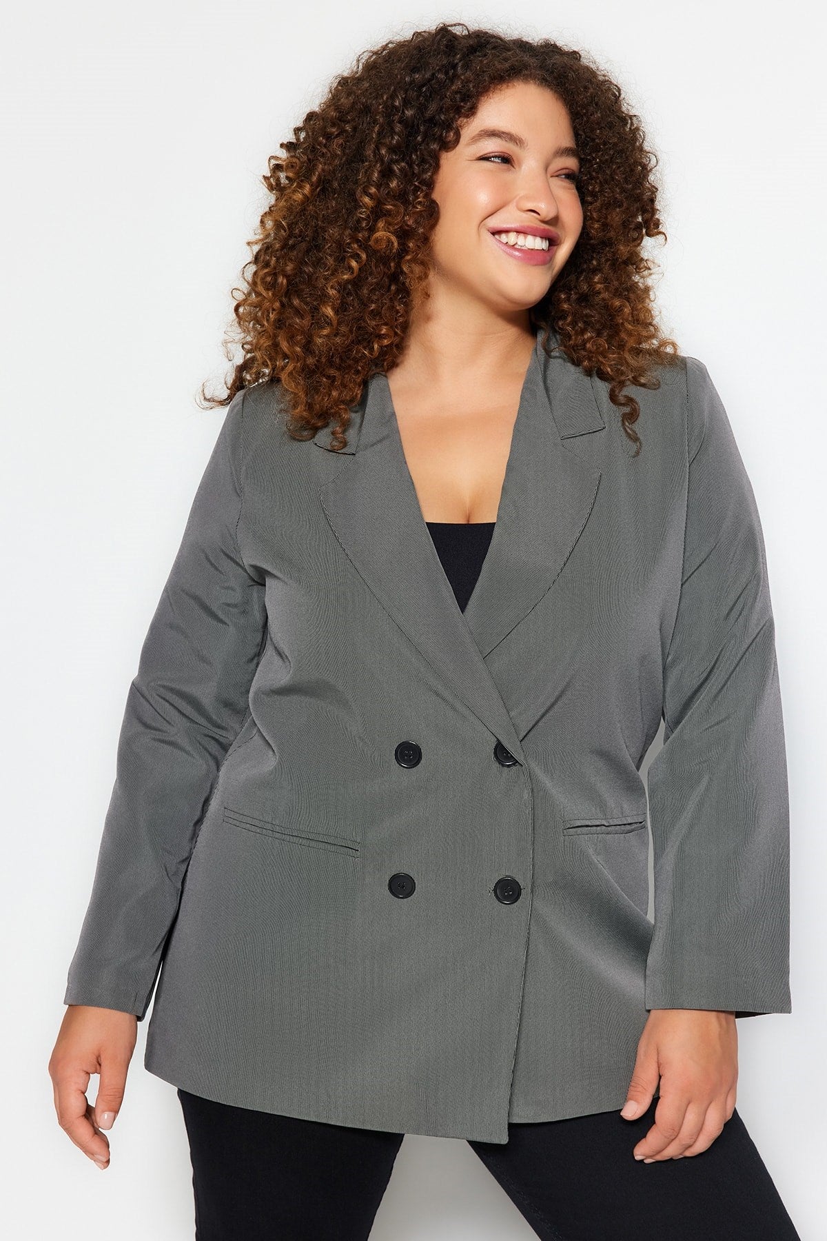 Grey Double Breasted Closure Lined Blazer Jacket Tbbaw24ag00003