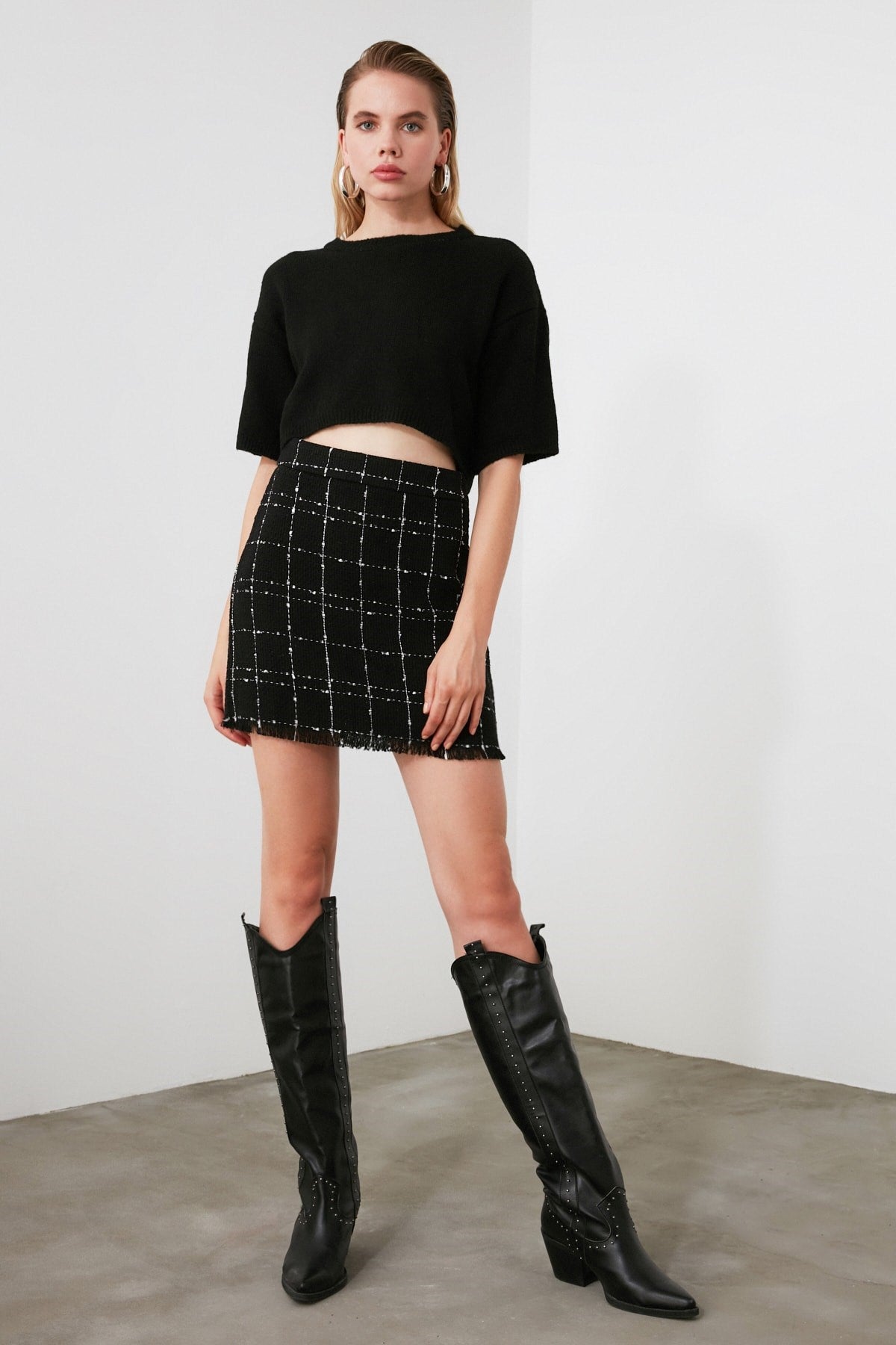 Black Tweed Fabric Mini Woven Skirt Twoaw21et0026