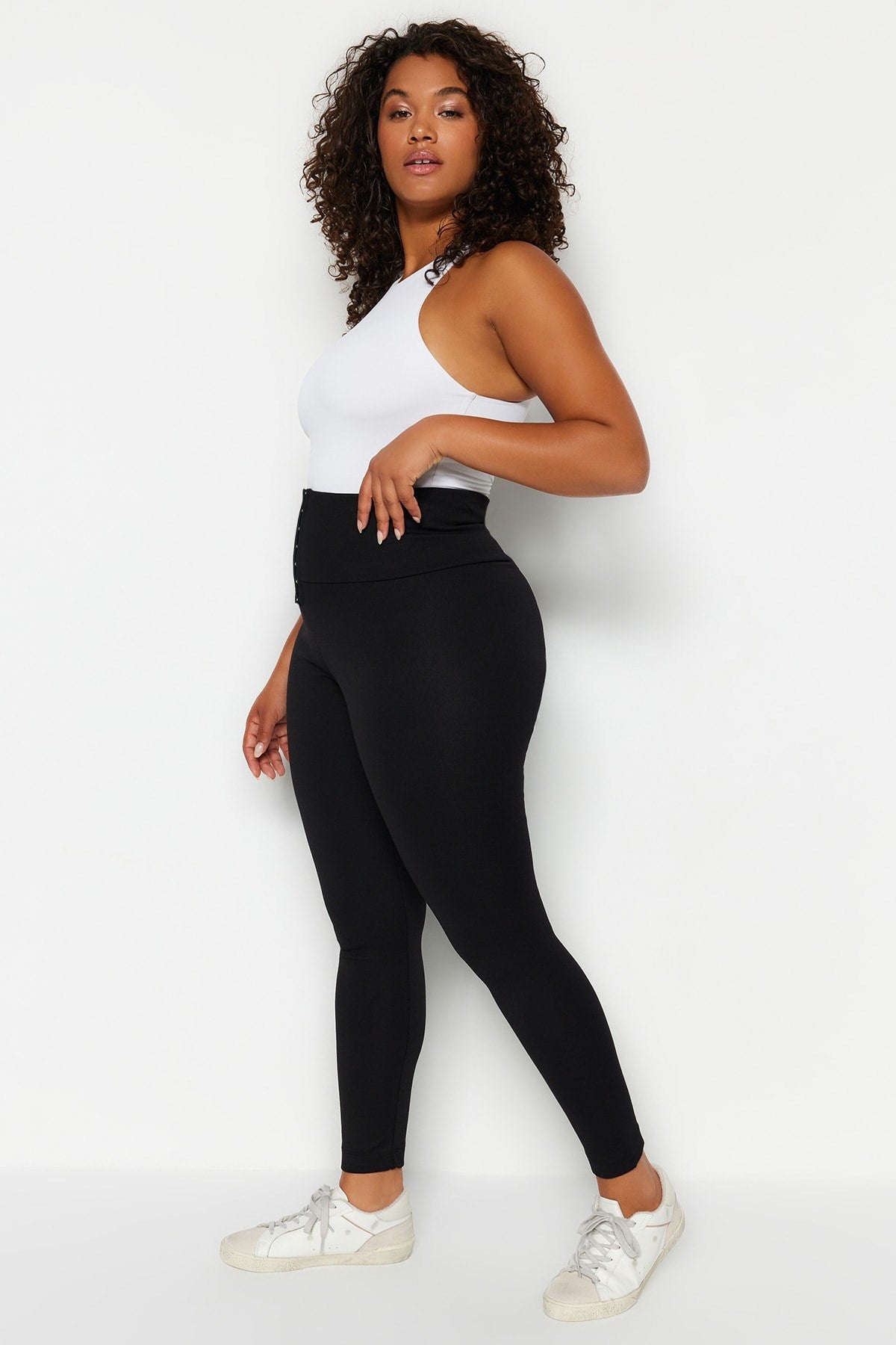 Black Corset Look High Waist Interlock Knitted Leggings Tbbss23bv00008