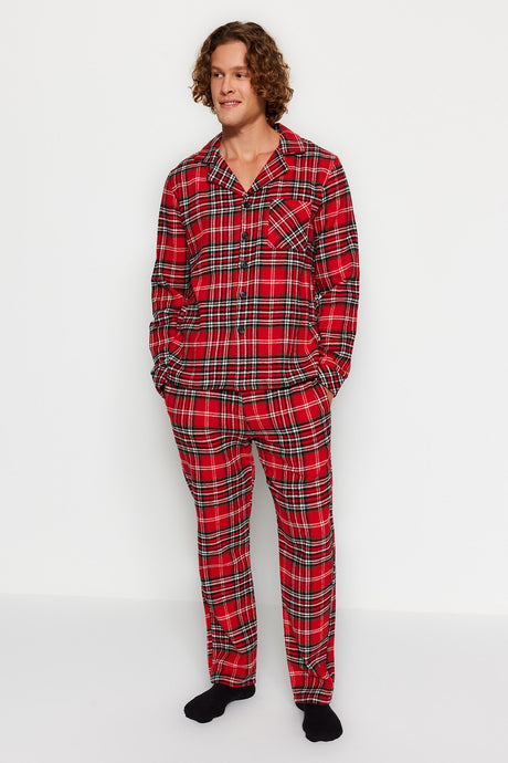 Red Men's Regular Fit Plaid Woven Sleepwear Set Tmnaw24pt00019