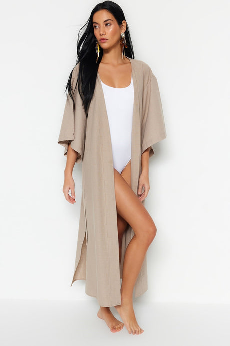 Beige Belted Maxi Woven Kimono&kaftan Tbess23km00058