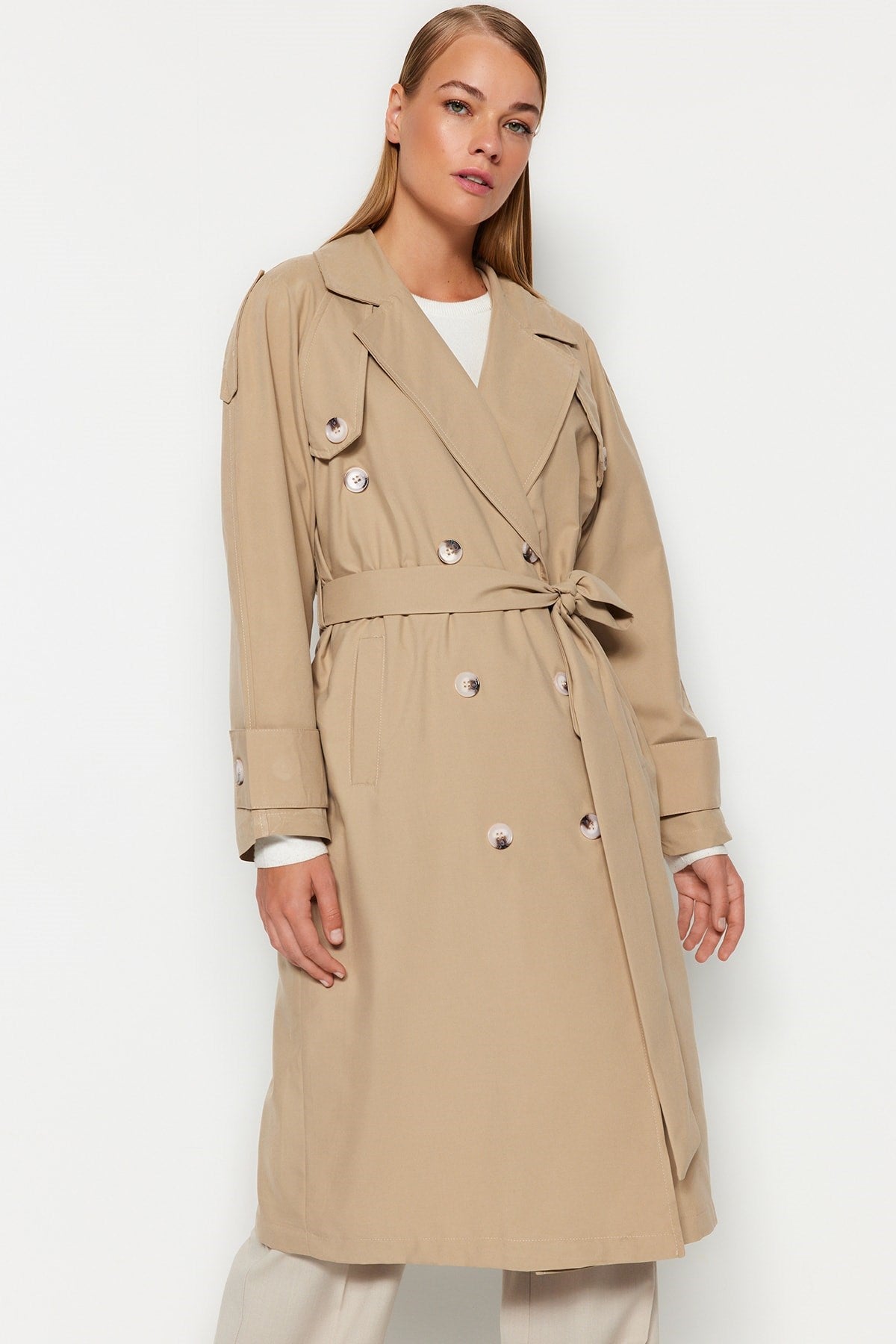 Dark Beige Belted Button Detailed Trench Coat Tctaw24cl00006