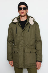 Khaki Men's Regular Fit Gabardine Parka Winter Coat Tmnaw24mo00009