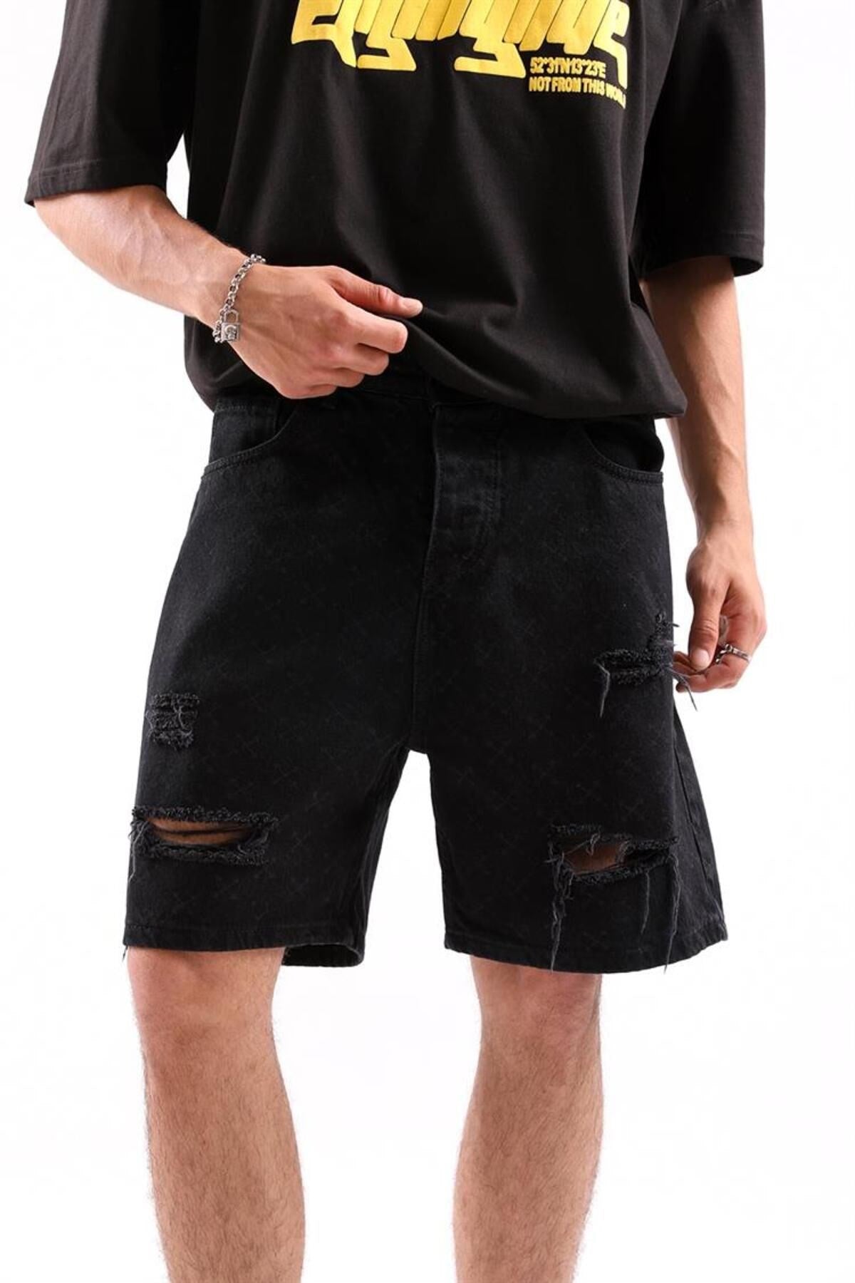 Ripped Detail Black Jean Shorts Flaw-194-009-001