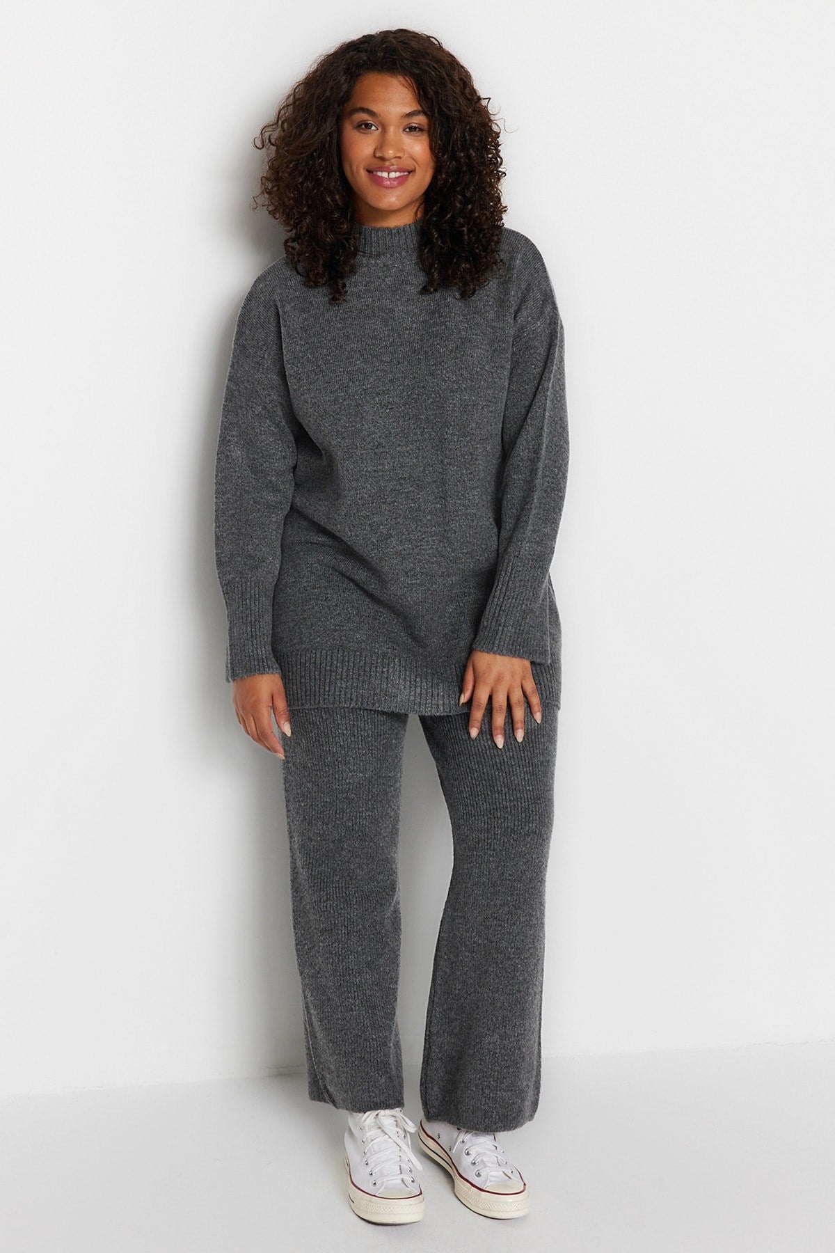 Anthracite Slit Detailed Knitwear Bottom Top Suit Tbbaw24cp00005