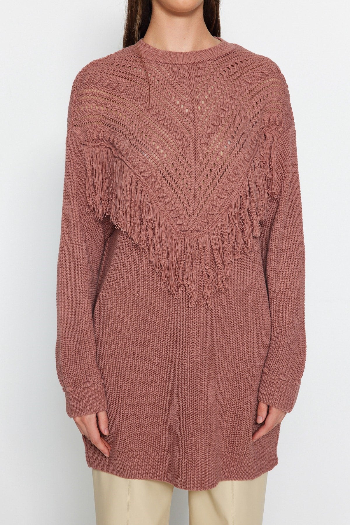 Dusty Rose Openwork And Tassel Detailed Tiko Thessaloniki Knit Sweater Tctaw24ak00150