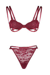 Burgundy Lace Cut Out/window Detailed Capless Lingerie Set Thmaw24cc00011