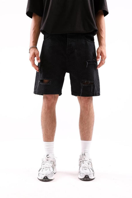 Ripped Detail Black Jean Shorts Flaw-194-009-001