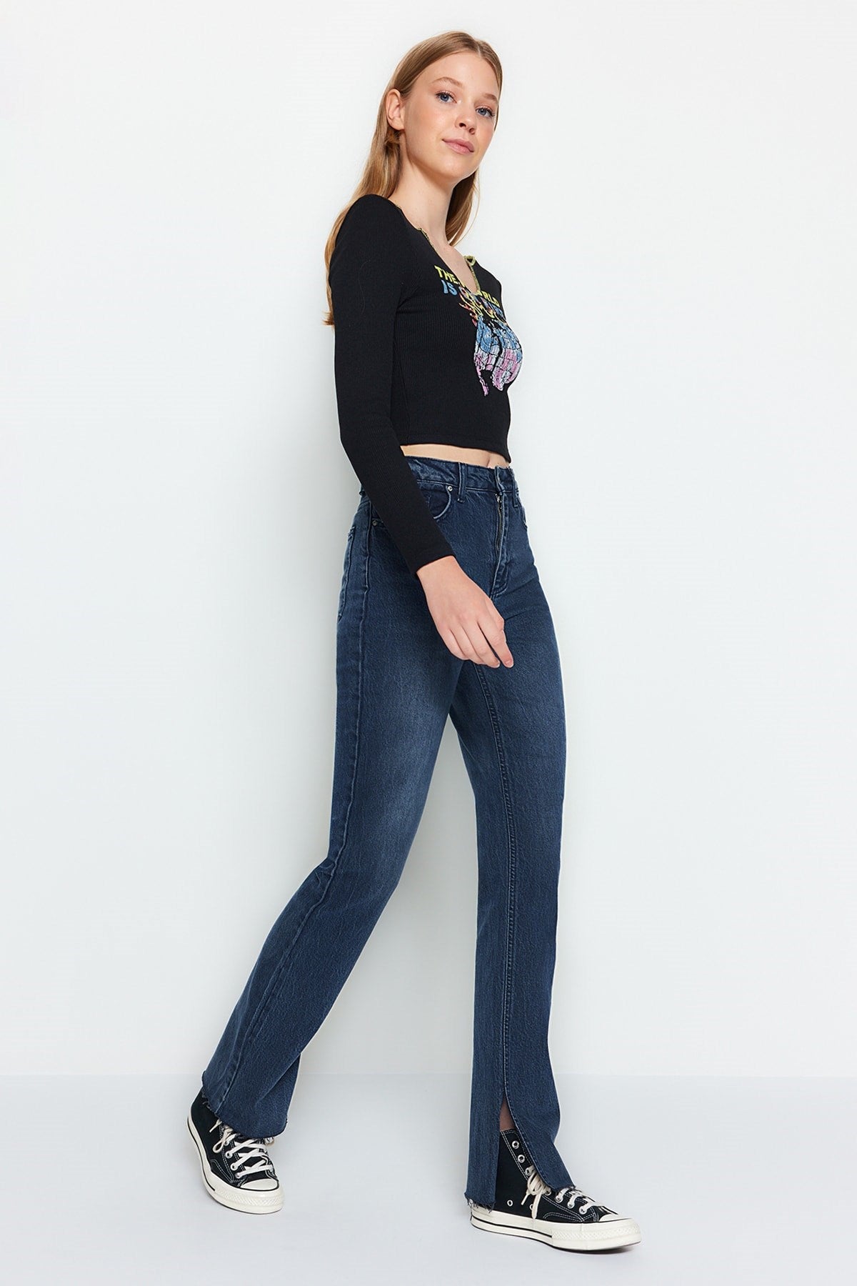 Blue Slit High Waist Flare Jeans Twoaw22je0382