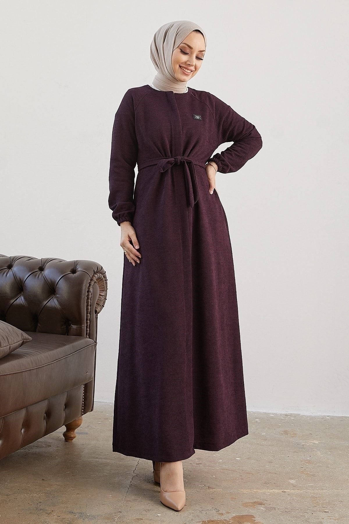 Mini Belted Zipper Abaya - Purple Ms00tz6011