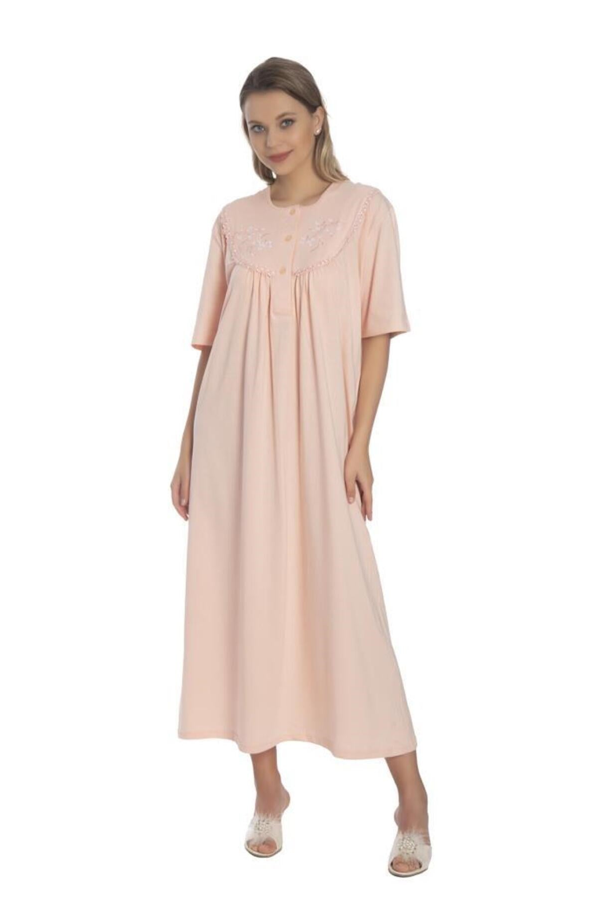 Women's Salmon Cotton Short Sleeve Combed Nightgown Akala9007