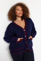 Navy-red Line Detailed Knitwear Cardigan Tbbaw24av00012