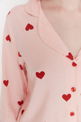 Pink Heart Printed Knitted Pajama Set Thmaw21pt0548