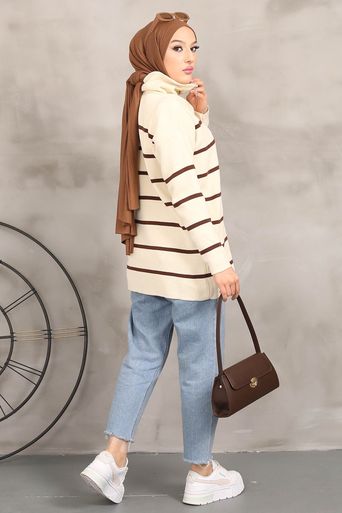 Green Collar Zipper Striped Knitwear Tunic Imj002233