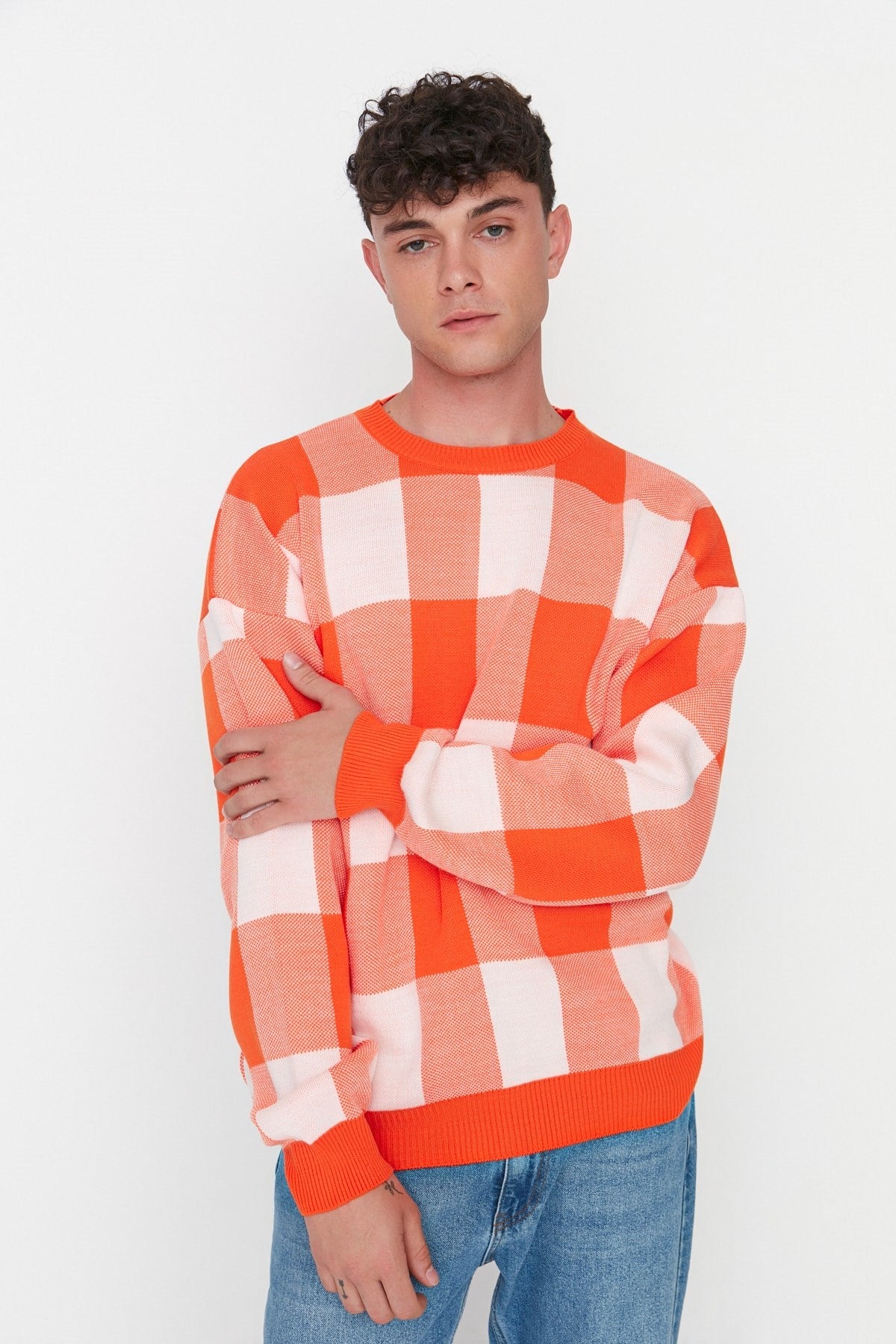 Orange Mens Oversize Fit Wide Pattern Crew Neck Plaid Pattern Knitwear Sweater Tmnaw23kz00045