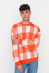 Orange Mens Oversize Fit Wide Pattern Crew Neck Plaid Pattern Knitwear Sweater Tmnaw23kz00045