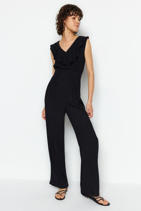 Black Maxi Woven Ruffle Jumpsuit Twoss23tu00147