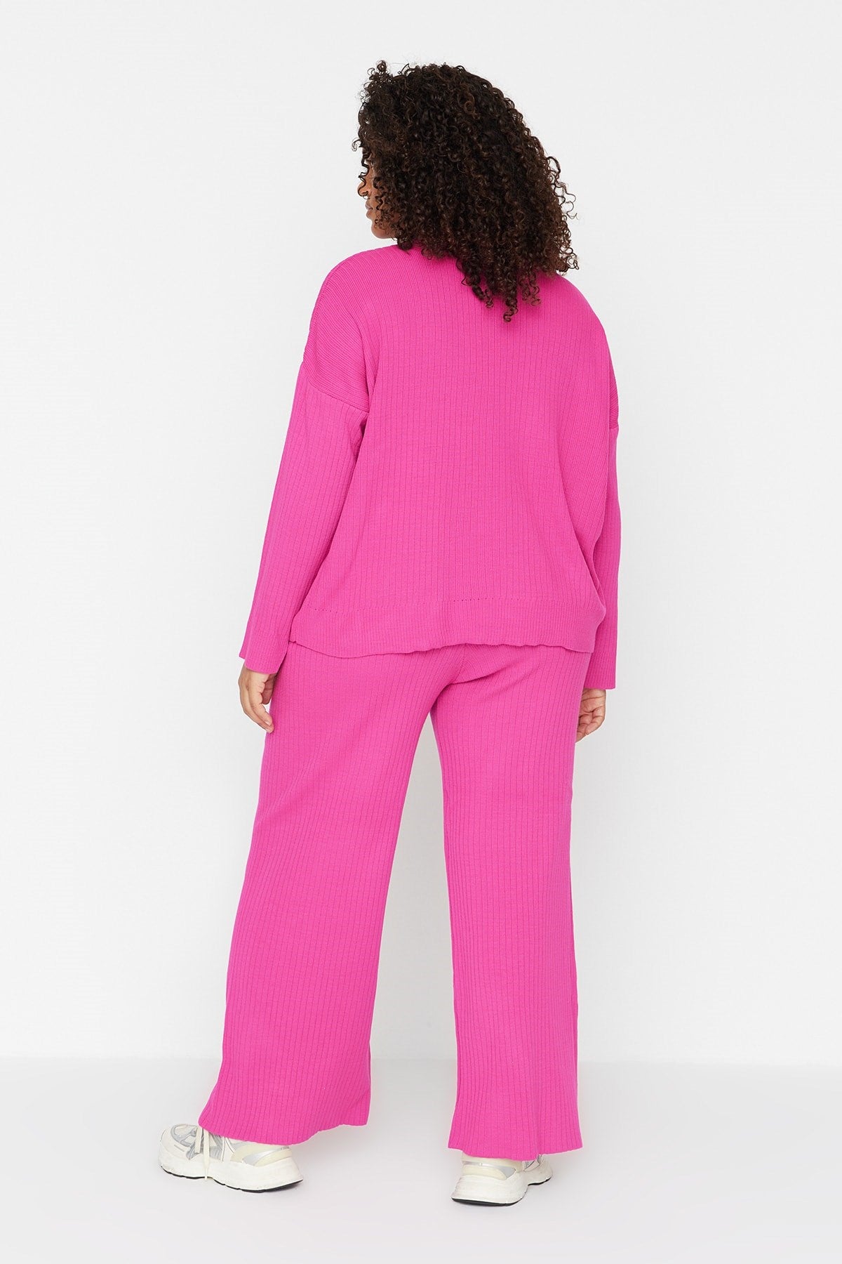 Fuchsia Ribbed Crew Neck Knitwear Sweater Pants Suit Tbbaw23cp00044