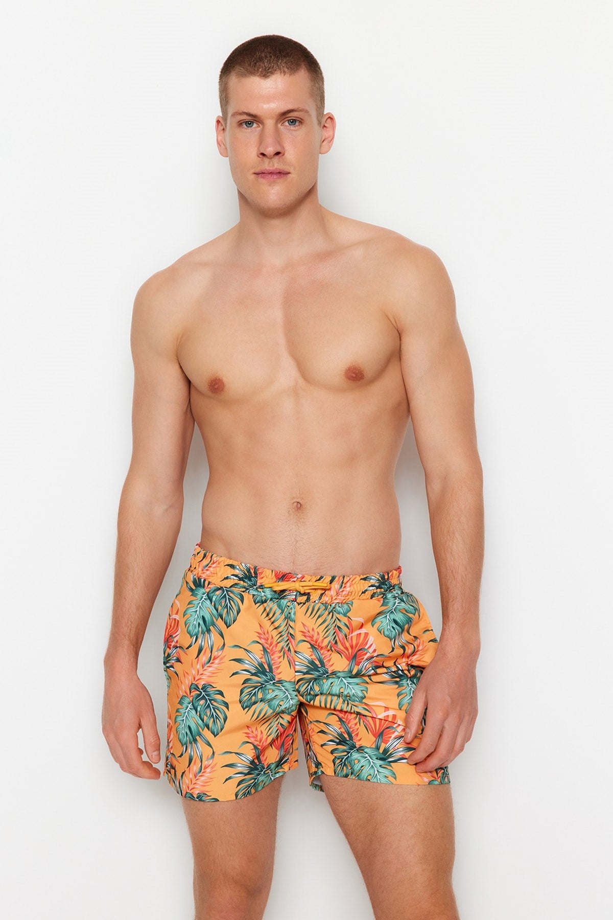 Orange Mens Standard Size Tropical Printed Swimsuit Marine Shorts Tmnss23ds00020