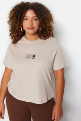 Beige Crop Knitted Crew Neck Printed T-shirt Tbbss23bf00027