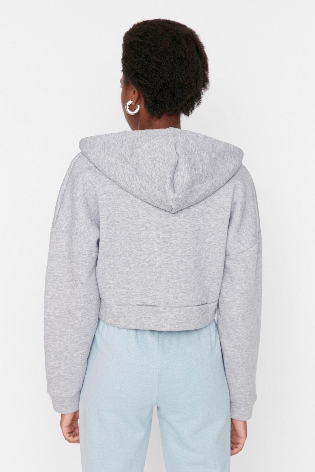 Grey Zipper Hooded Casual Fit Crop Thick Inside Polare Knitted Sweatshirt Twoaw23sw00028