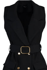 Black Waist Belted Jacket Collar Woven Vest Tctaw23yl00014