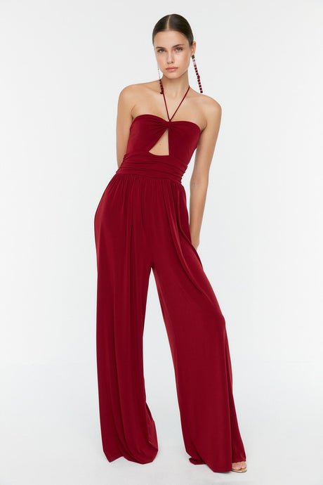 Burgundy Lined Knitted Window/cut Out Detailed Jumpsuit Tprss22tu0179