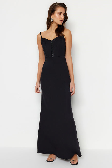 Black Lined Woven Gown Long Night Evening Dress Tprss23ae00155