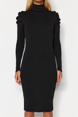 Black Midi Knit Shoulder Ruffle Dress Twoaw24el00231