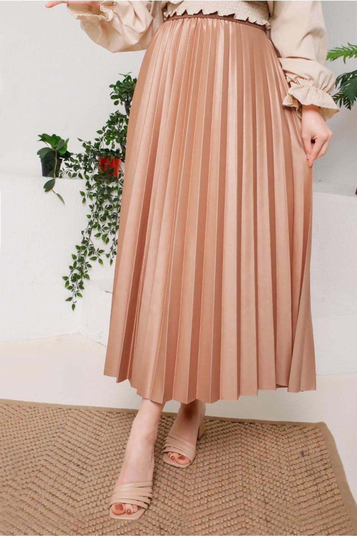 Women's Beige Pleated Skirt 8051 22yetktr8051