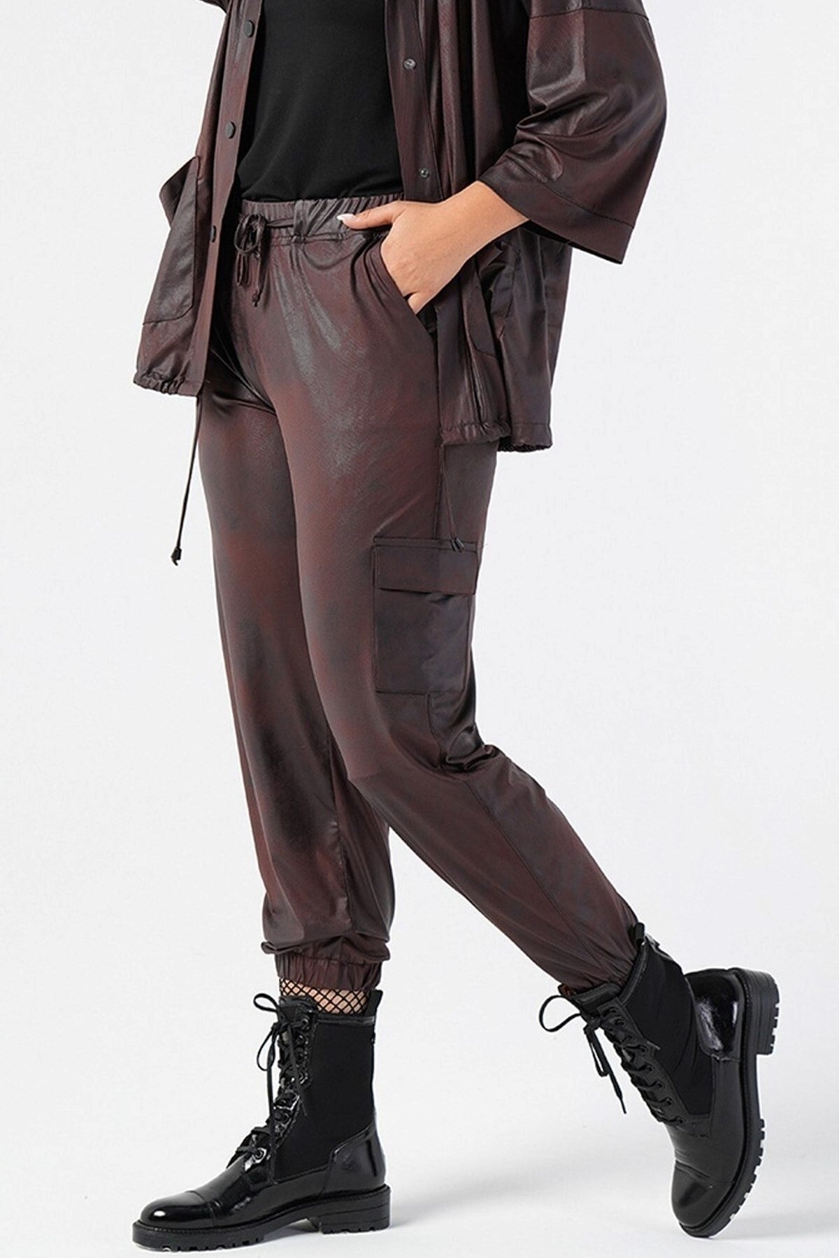 Plus Size Leather Pants With Rubber Detail Pockets 220450063