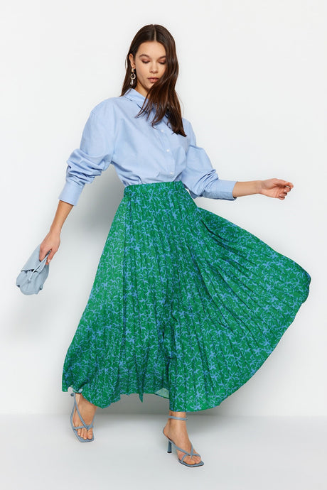 Green Floral Pattern Pleated Waist Elastic Woven Skirt Tctss23ee00018