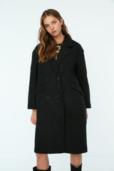 Black Oversize Button Closure Woolen Cashmere Coat Twoaw22kb0234