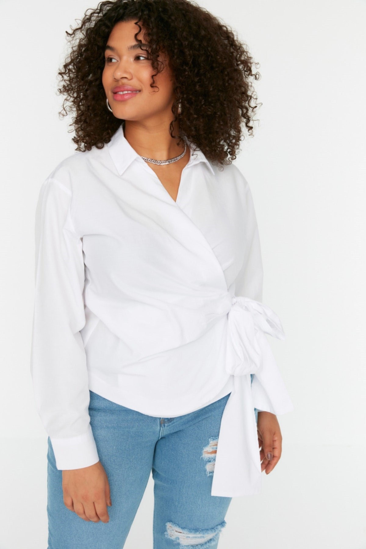 White Double Breasted Drawstring Detailed Woven Shirt Tbbss22go0628