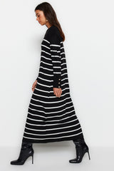 Black Sleeves Button Detailed Striped Knitwear Dress Tctaw24eb00002