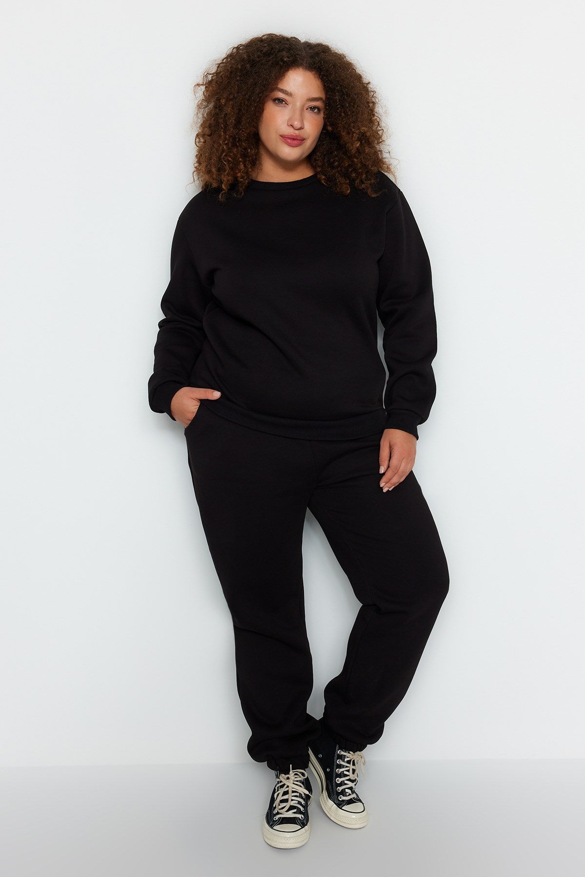 Black Flat Relaxed 3 Yarn Charcoal Plus Size Tracksuit Tbbaw24ts00000