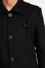 Black Mens Slim Fit Slim Fit Solid Collar Cache Coat Tmnaw24kb00006