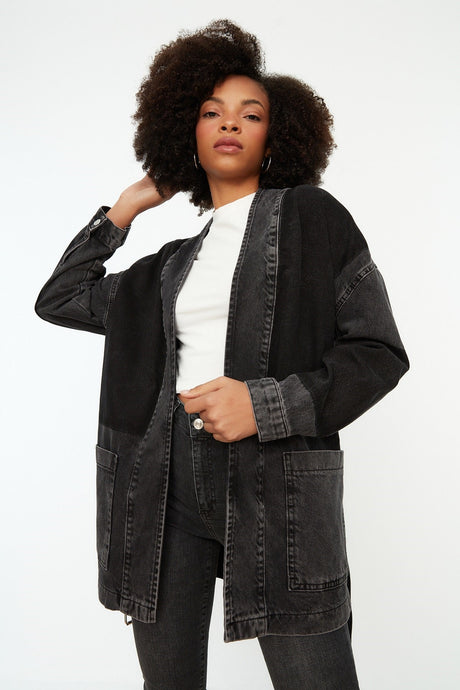 Anthracite Color Block Belted Oversize Denim Jacket Twoss21ce0186