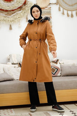 Biye Detail Waist Ruffled 0021 Coat - Brown Ms00or0021