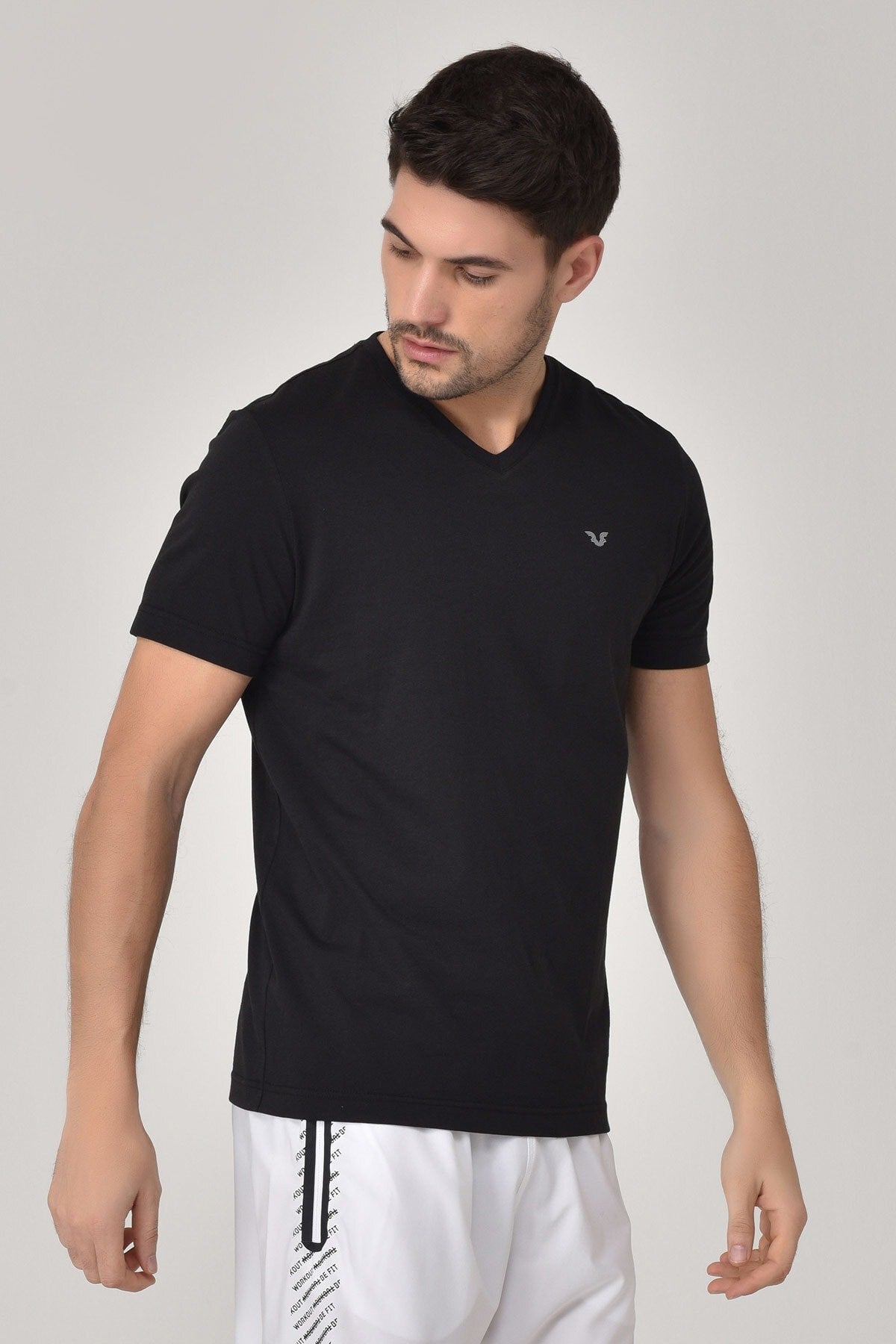 Black Men's V Neck 100% Cotton Short Sleeve Slim Fit Solid Color Casual Sports T-shirt 8898 Tb20ml07