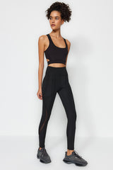 Black Matte Compilation Fabric Pocket, Tulle And Reflector Print Detailed Full Length Sports Legging